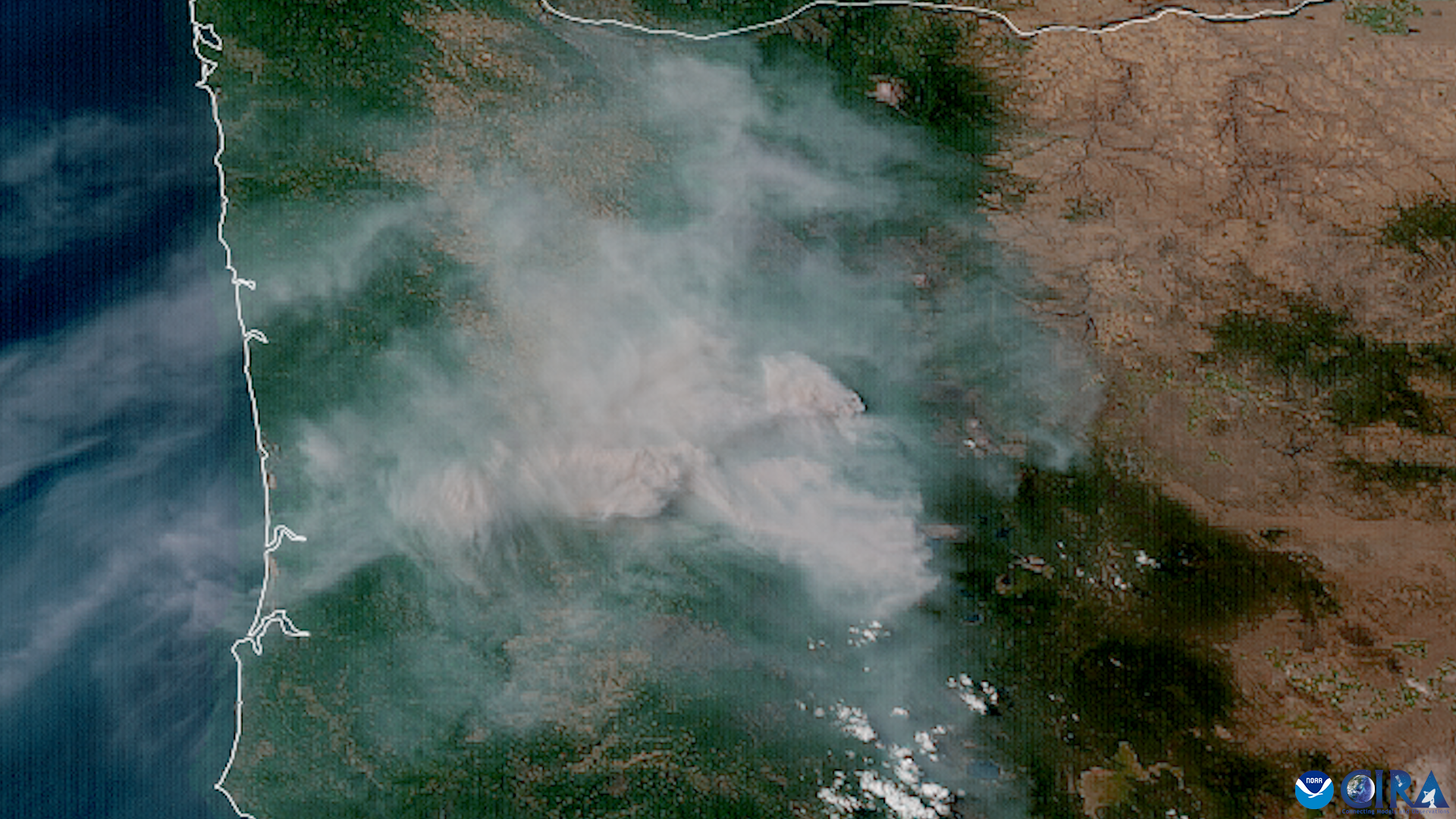 Satellite image showing dense wildfire smoke blanketing western Oregon and the Willamette Valley.
