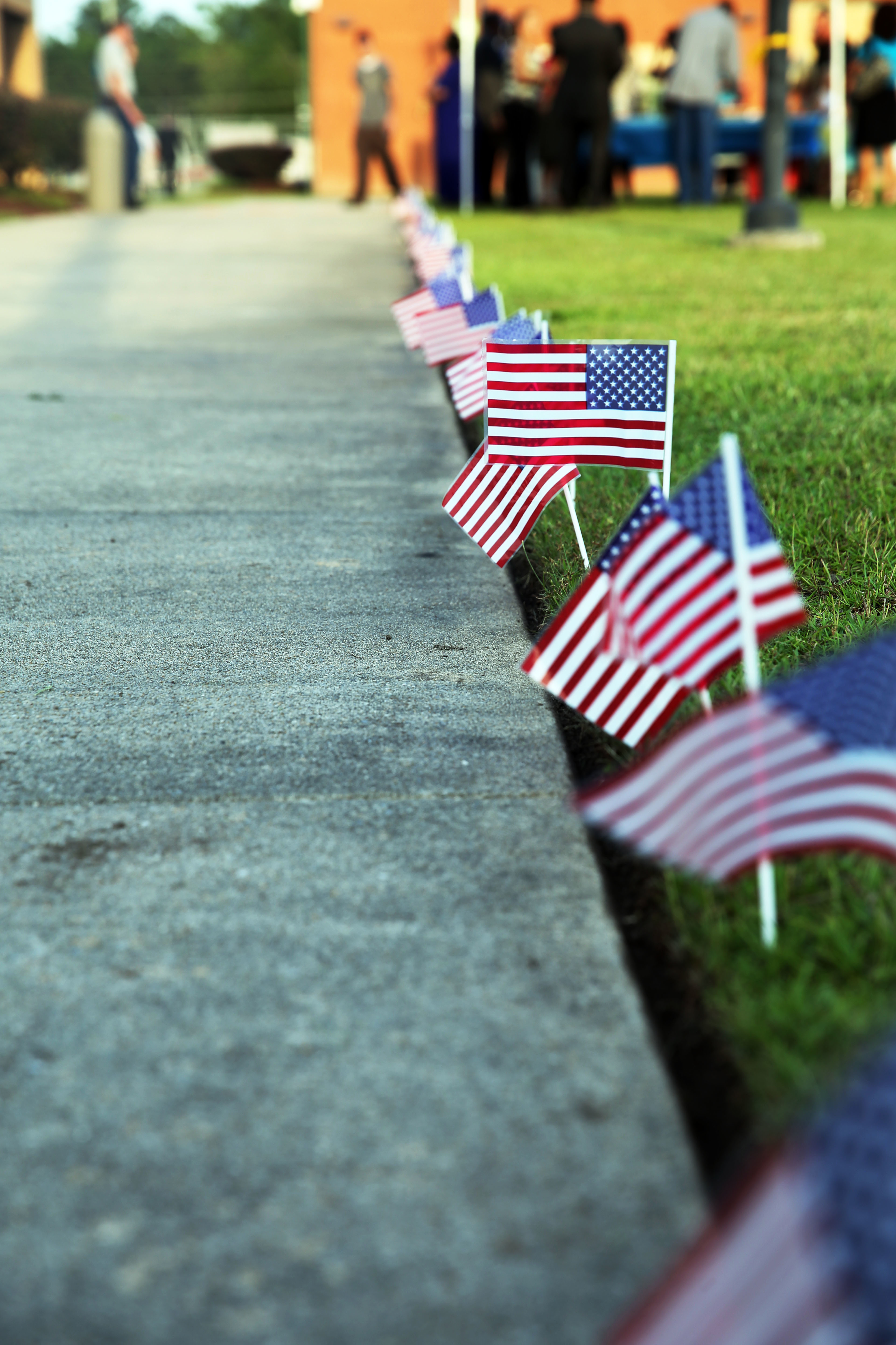 Rows of small American flags planted in grass along a sidewalk at a memorial ceremony.