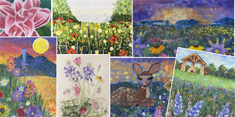 Collage of paintings and drawings depicting wildflowers, deer, and nature scenes.