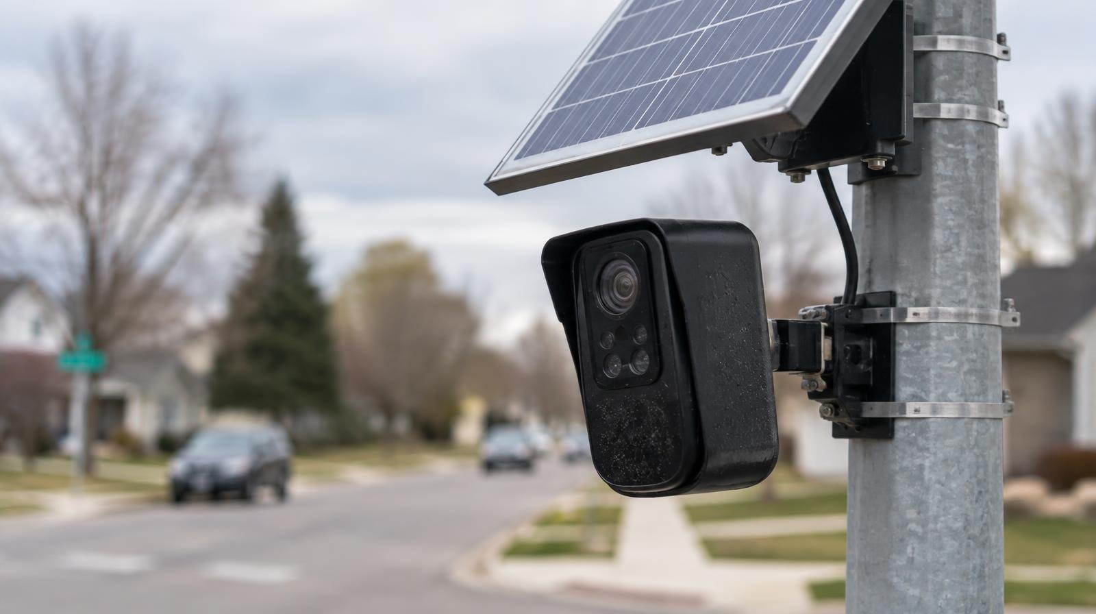 A solar-powered license plate reader camera mounted on a metal pole at a street corner.