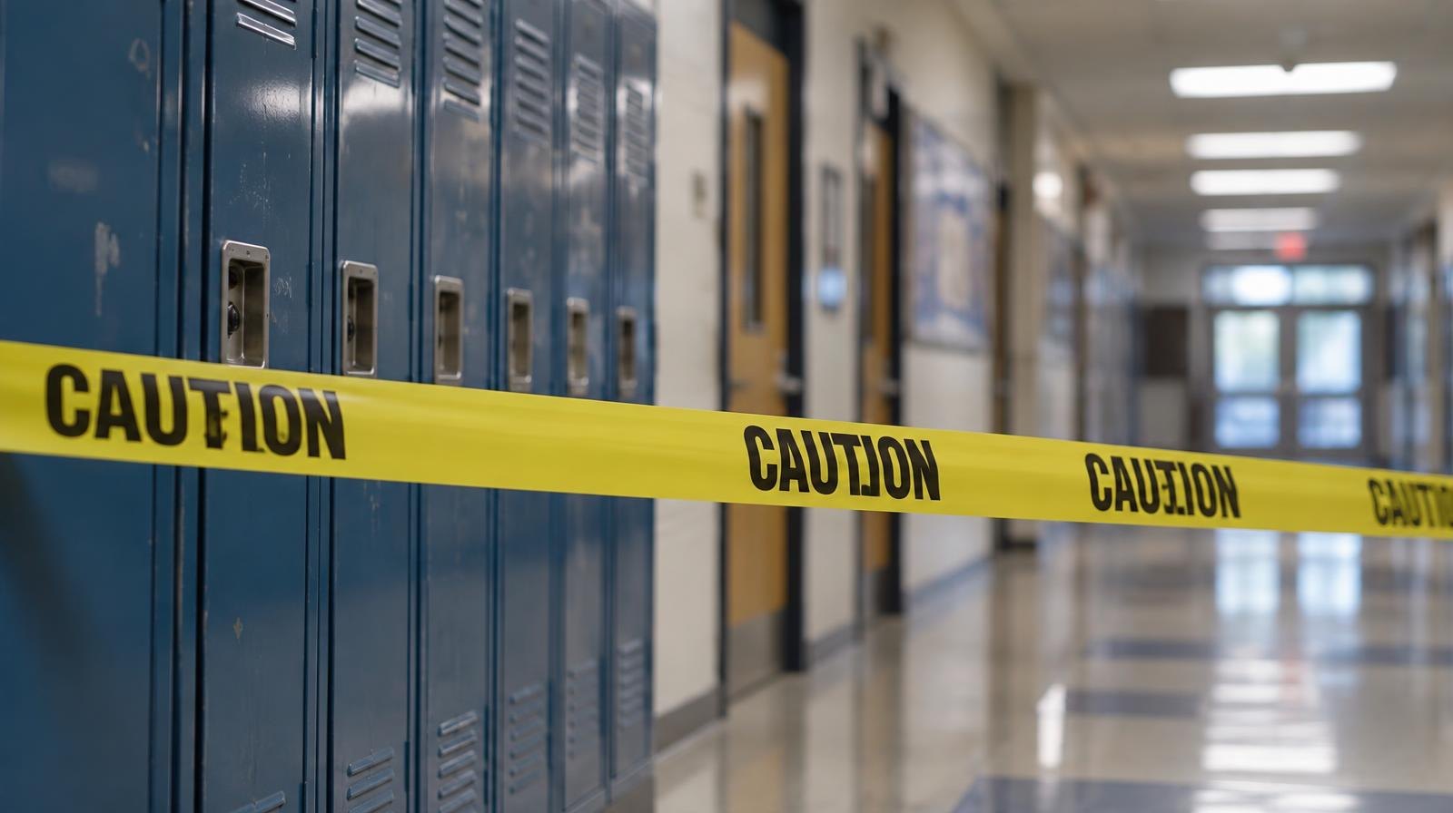 Empty school hallway with closed lockers, shut classroom doors, and yellow caution tape.