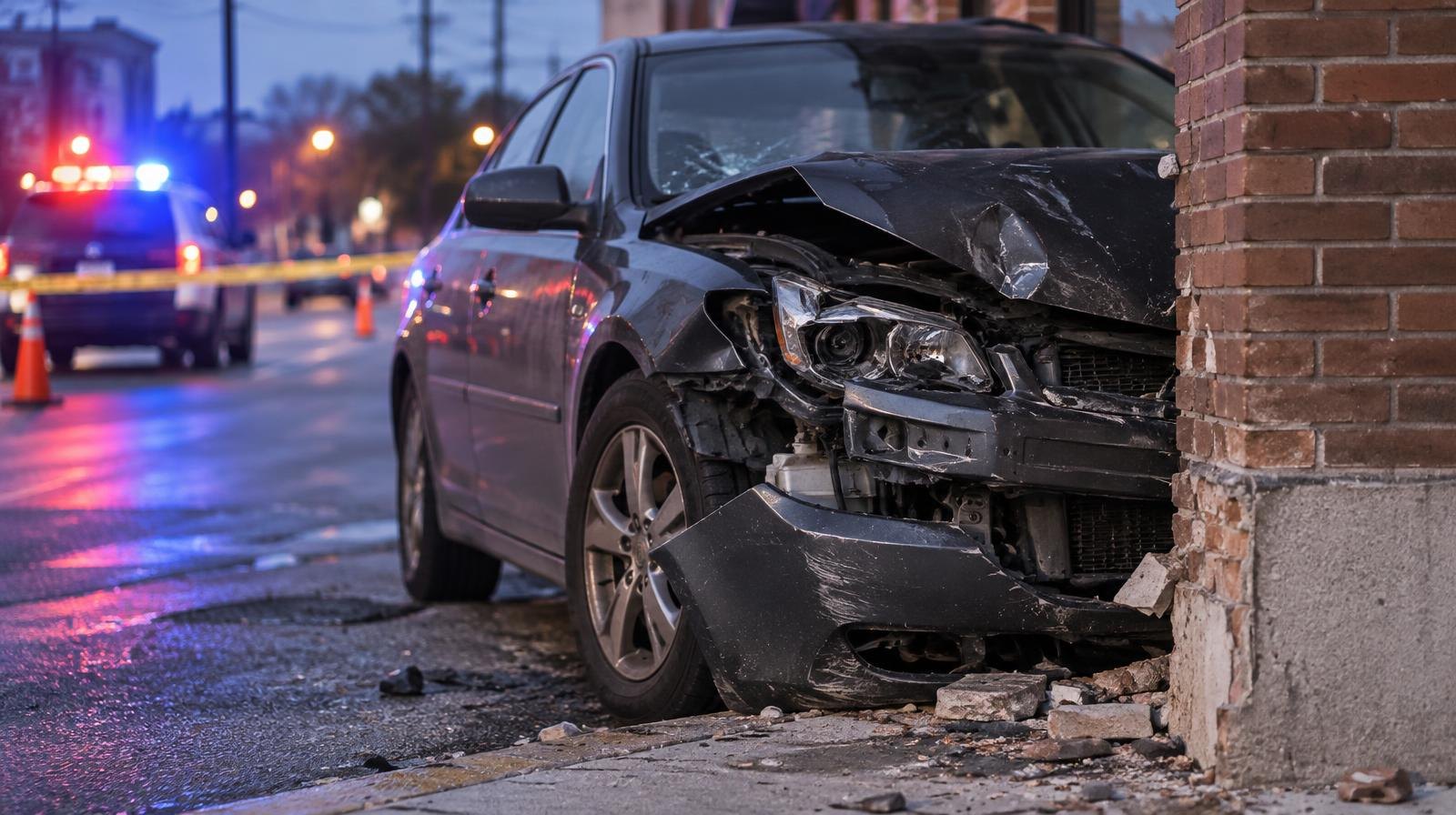 Damaged car with crumpled front end against a brick building corner, police tape nearby.