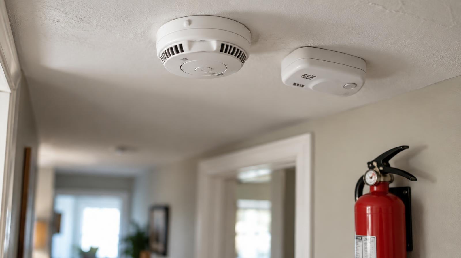Smoke detector and carbon monoxide alarm on a ceiling above a wall-mounted red fire extinguisher.
