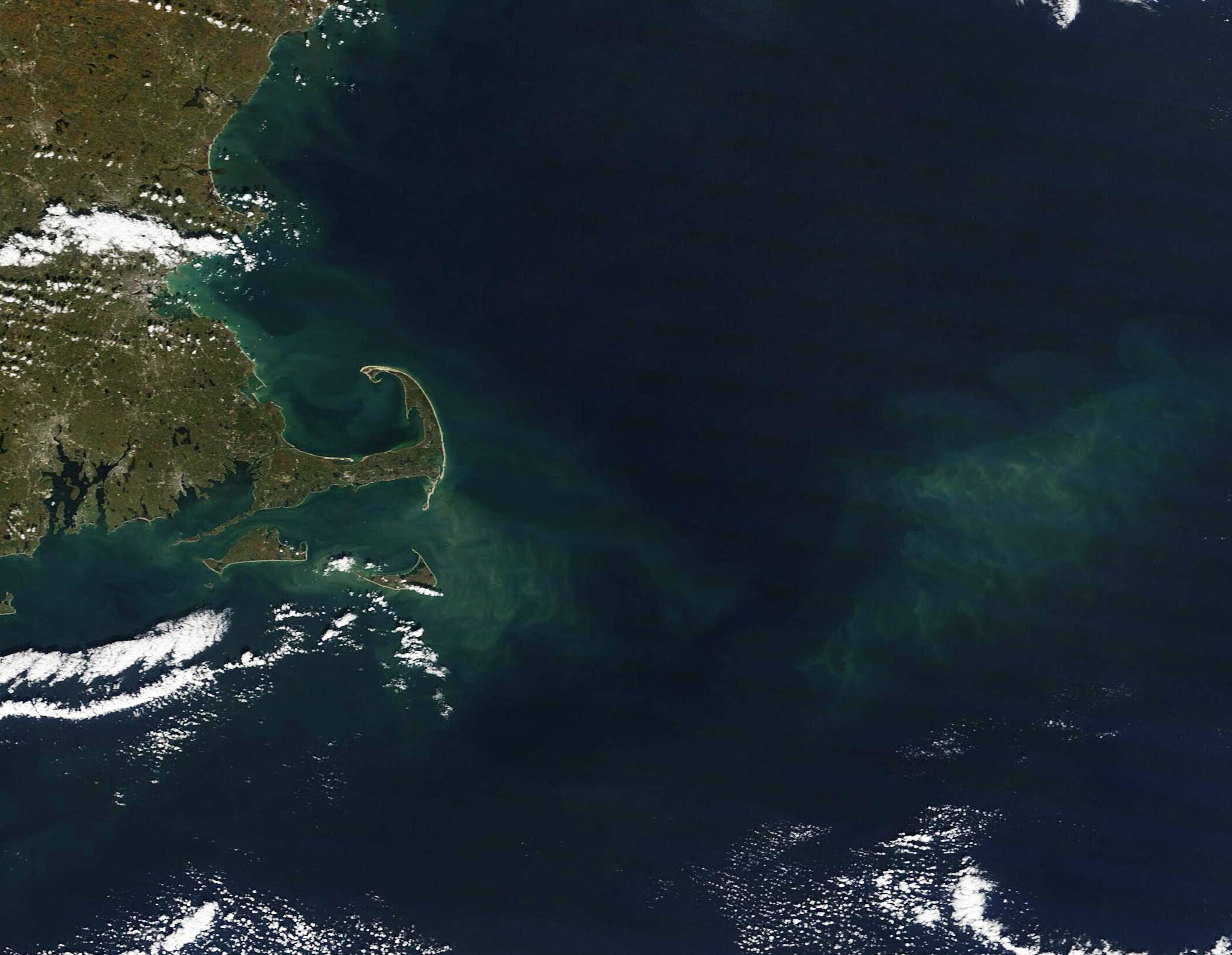 Satellite view of a coastline with green sediment swirls extending far into the Atlantic Ocean.