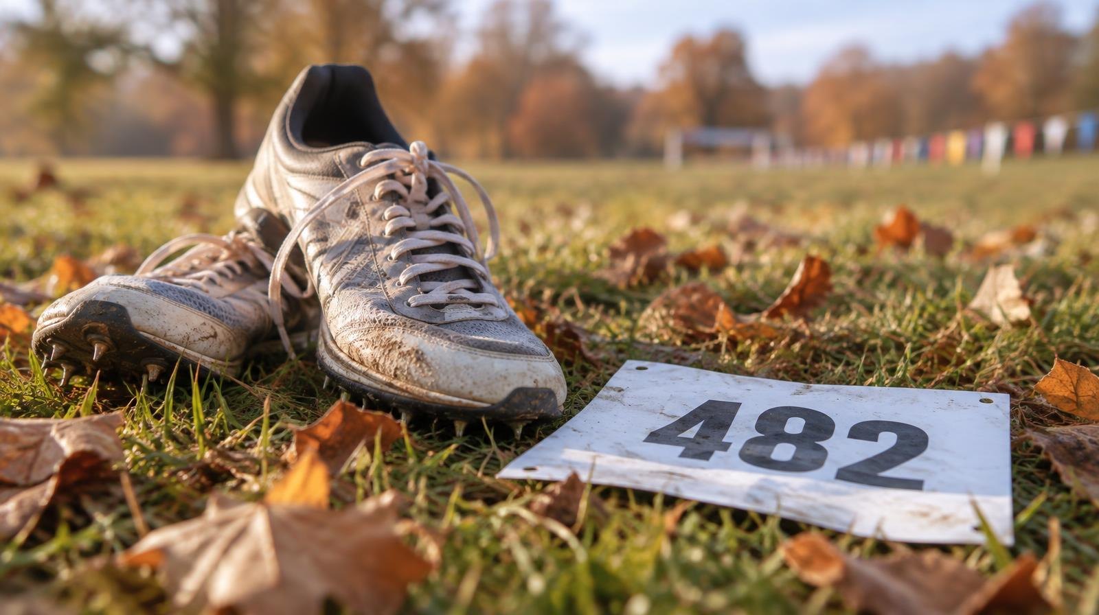 A pair of running spikes resting on grass beside a race bib on an autumn morning.