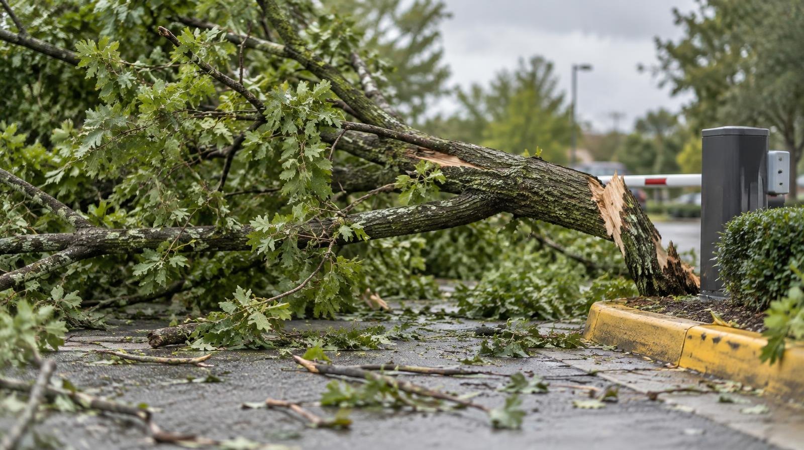 Large fallen tree with broken branches lying across a paved parking lot exit.
