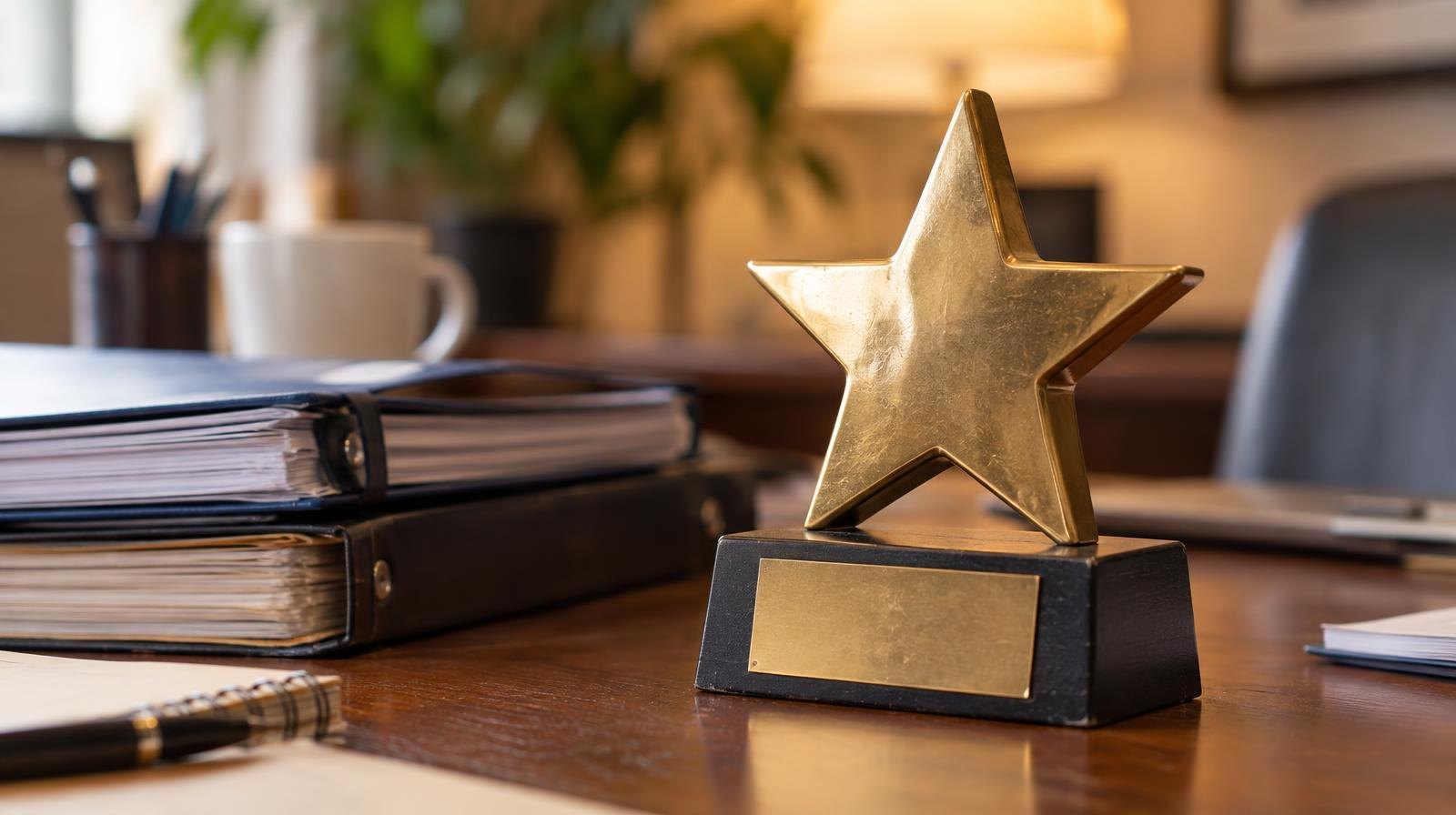 Gold star award plaque on a wooden desk beside stacked report folders.