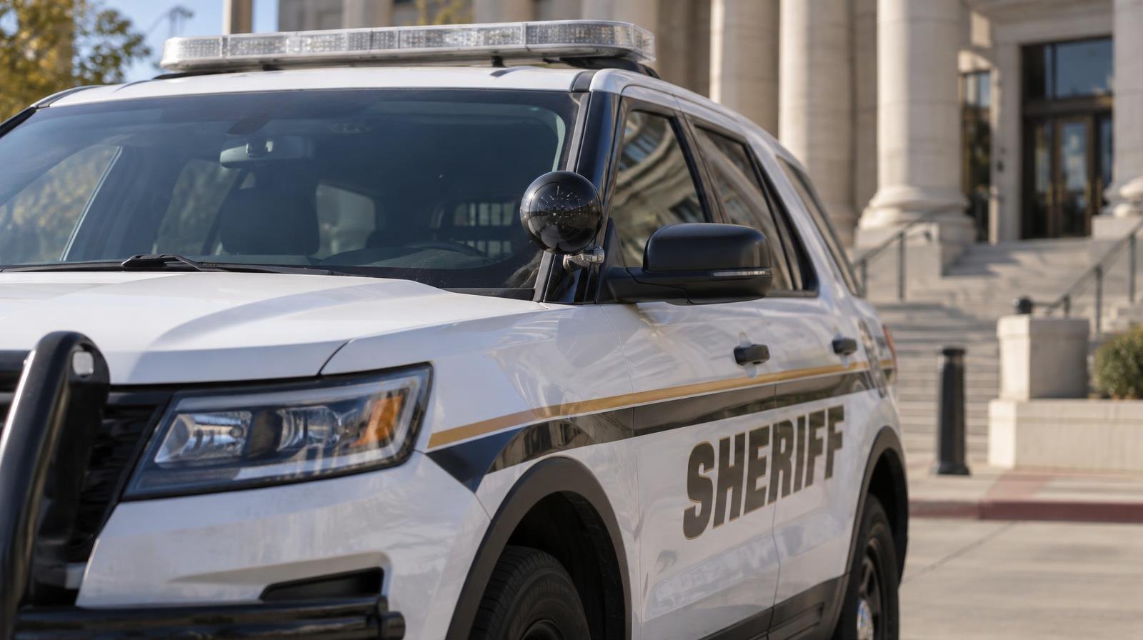 A sheriff's patrol vehicle with a light bar parked outside a building.