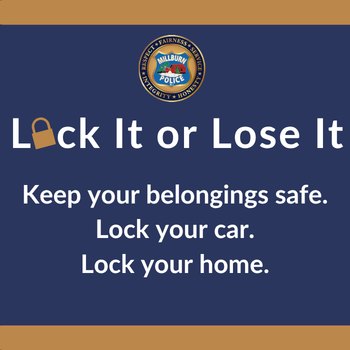 Dark blue and gold advisory graphic with Millburn Police seal, padlock icon, and safety reminders.