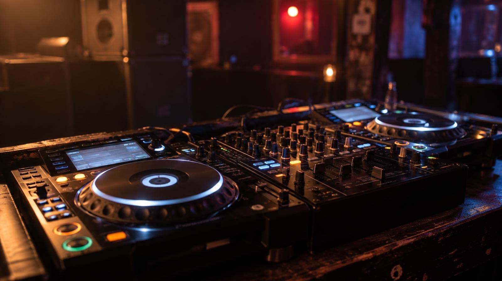 DJ controllers and mixer on a booth with speaker cabinets in a dark venue.