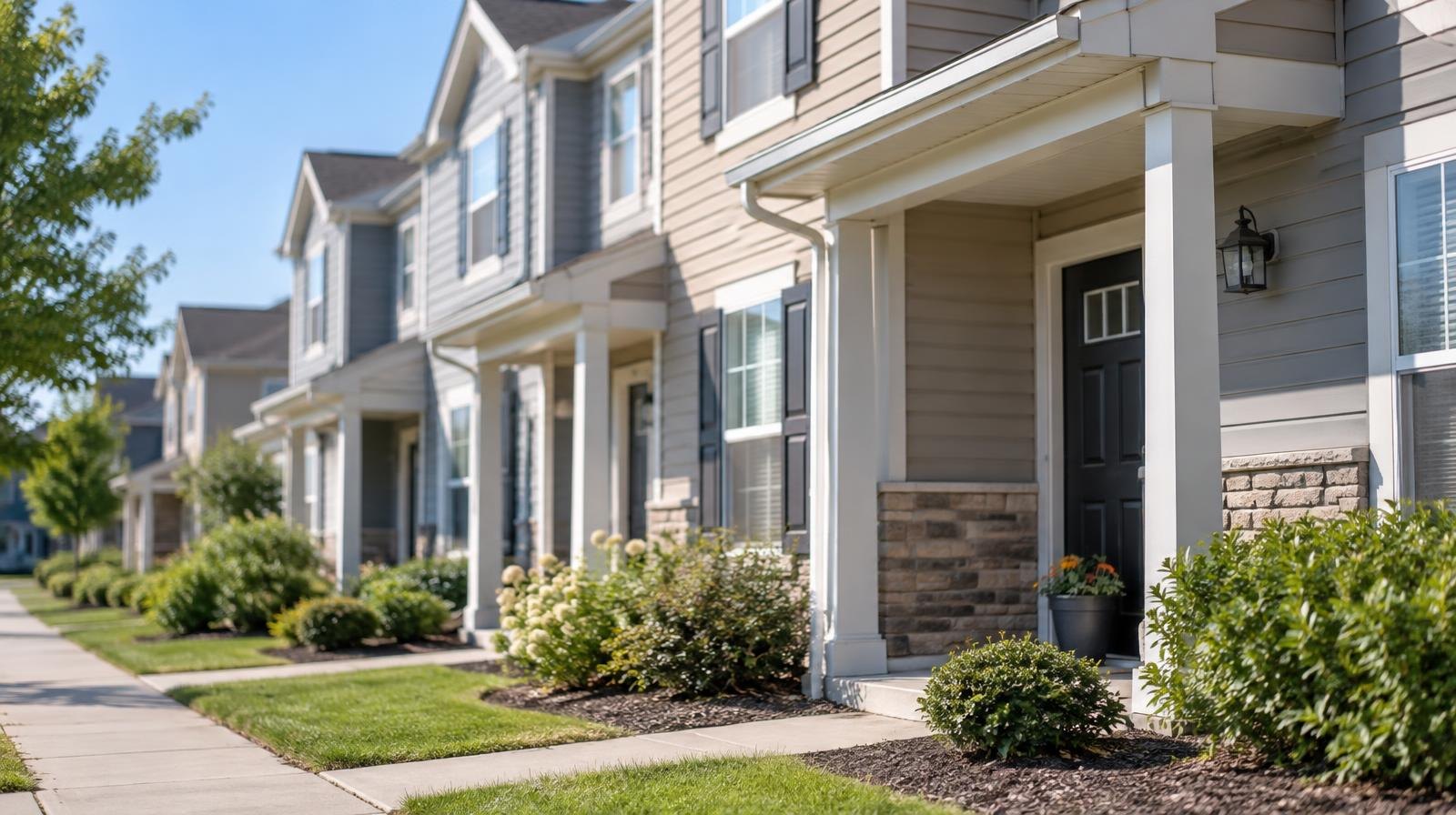 A row of two-story townhomes with small front yards under a clear blue sky.