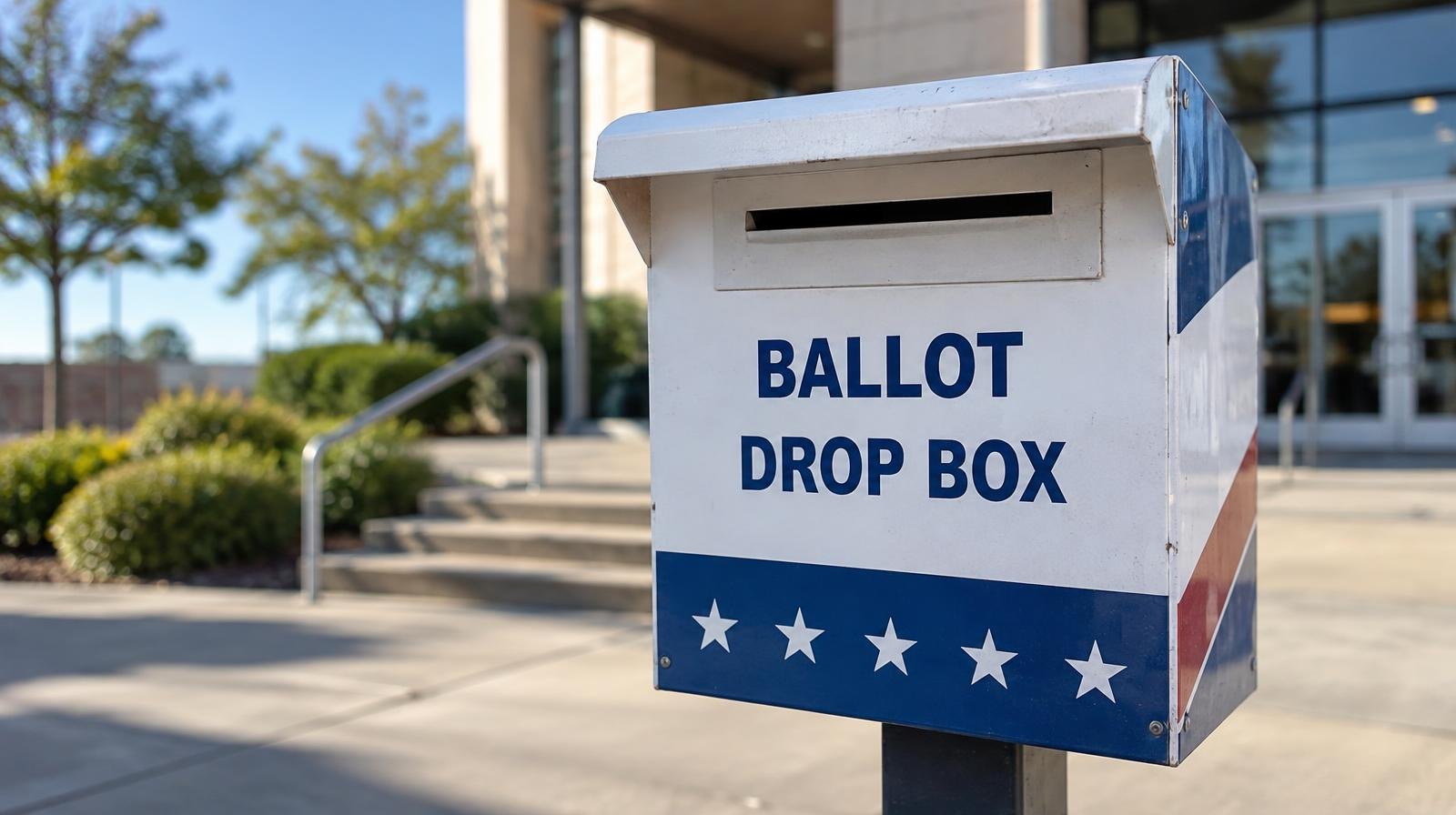 A ballot drop box mounted on a post outside a public building with a slot for inserting ballots.