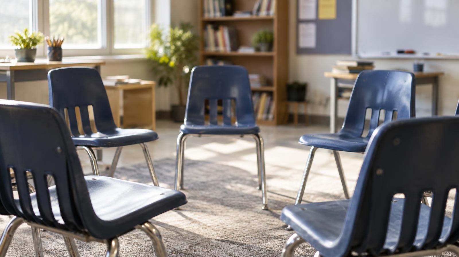 Empty student chairs arranged in a circle in a sunlit classroom.