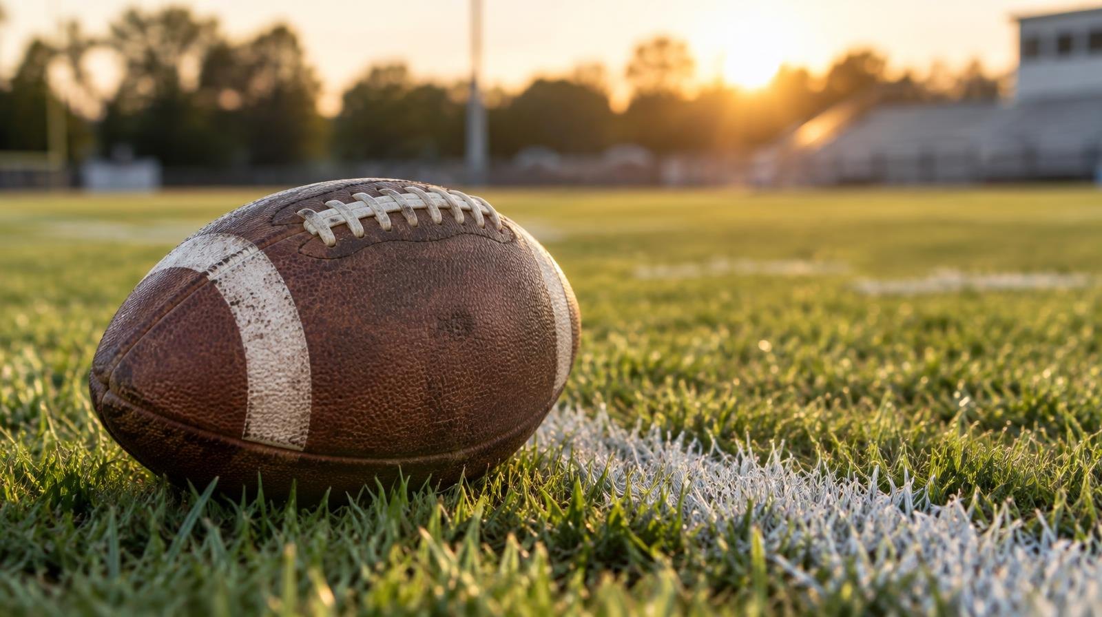 An American football resting on green grass beside a white painted yard line.