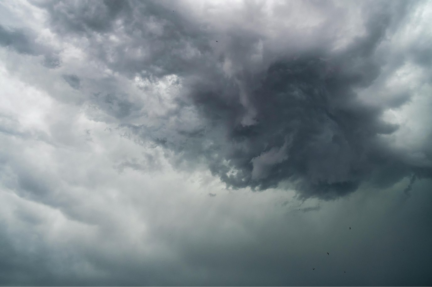 Dark, turbulent storm clouds filling a grey sky with small birds in the distance.