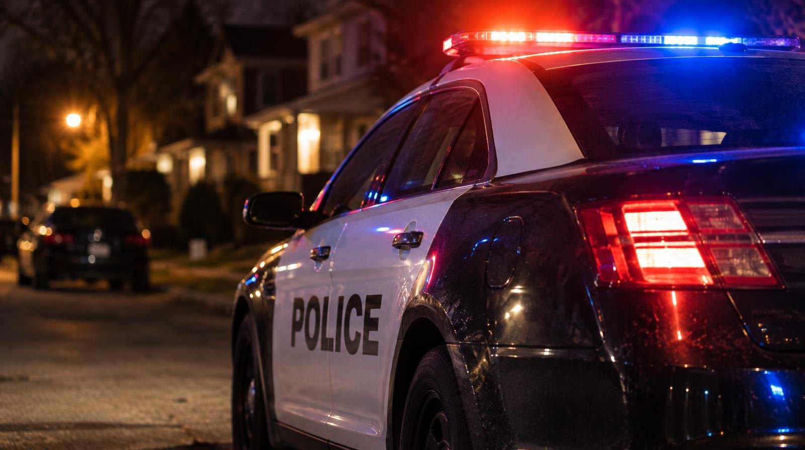Police patrol car with red and blue lights on a dark residential street at night.