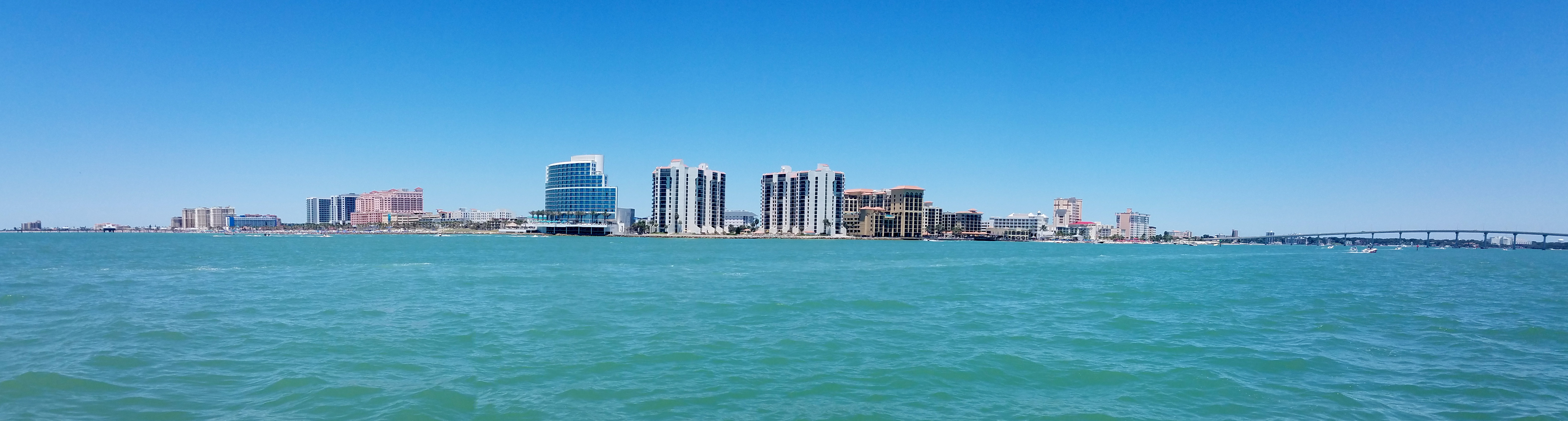 Panoramic view of Clearwater Beach hotels and skyline seen from the water.