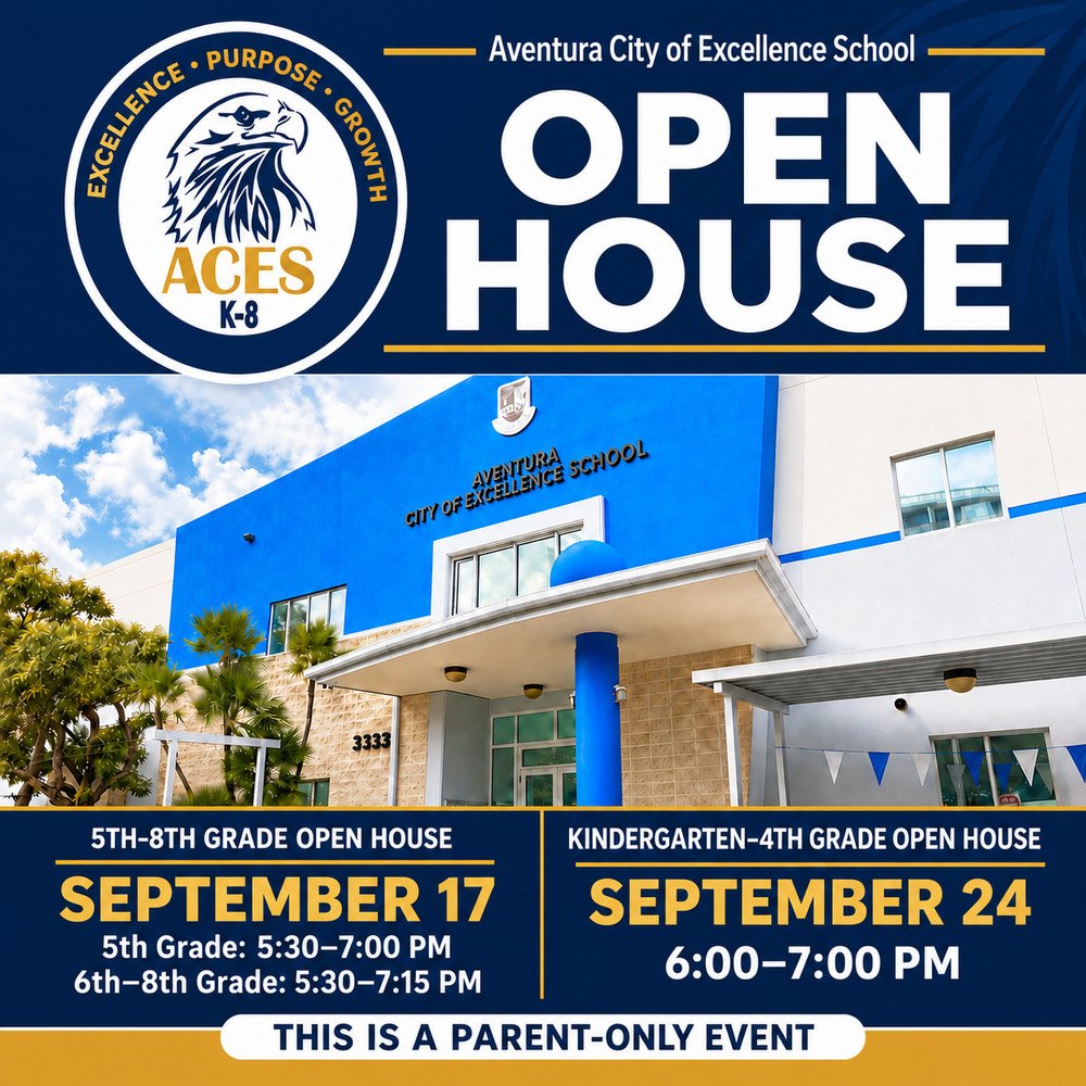 Flyer for ACES open house showing school building, logo, and event dates.