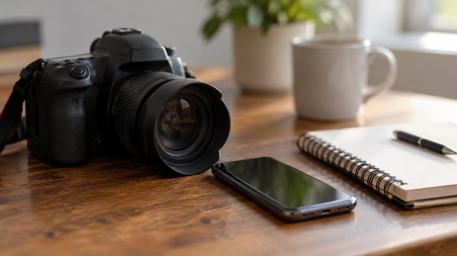 A DSLR camera, smartphone, and notebook arranged on a wooden desk.