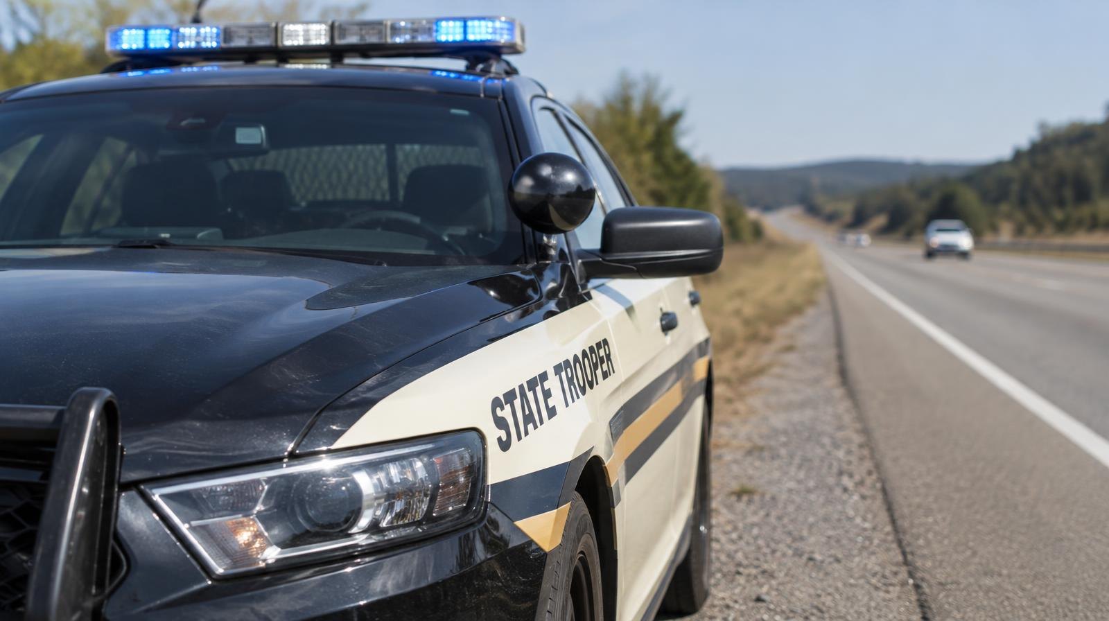 A police cruiser with a light bar parked on the shoulder of a rural highway.