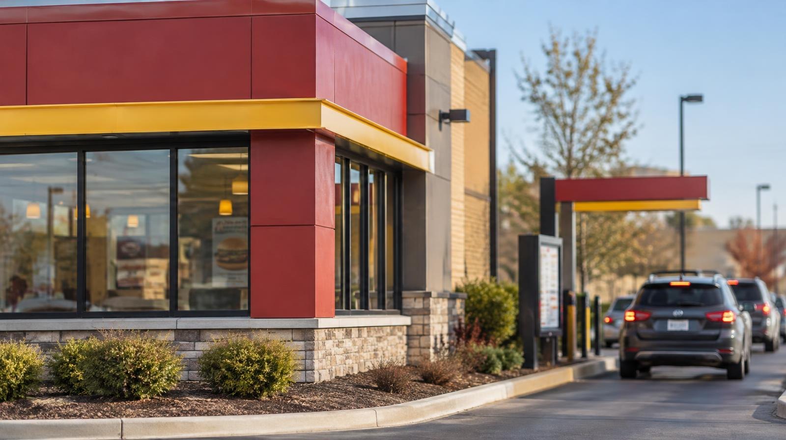 A fast food restaurant exterior with red and yellow signage and a drive-through lane.