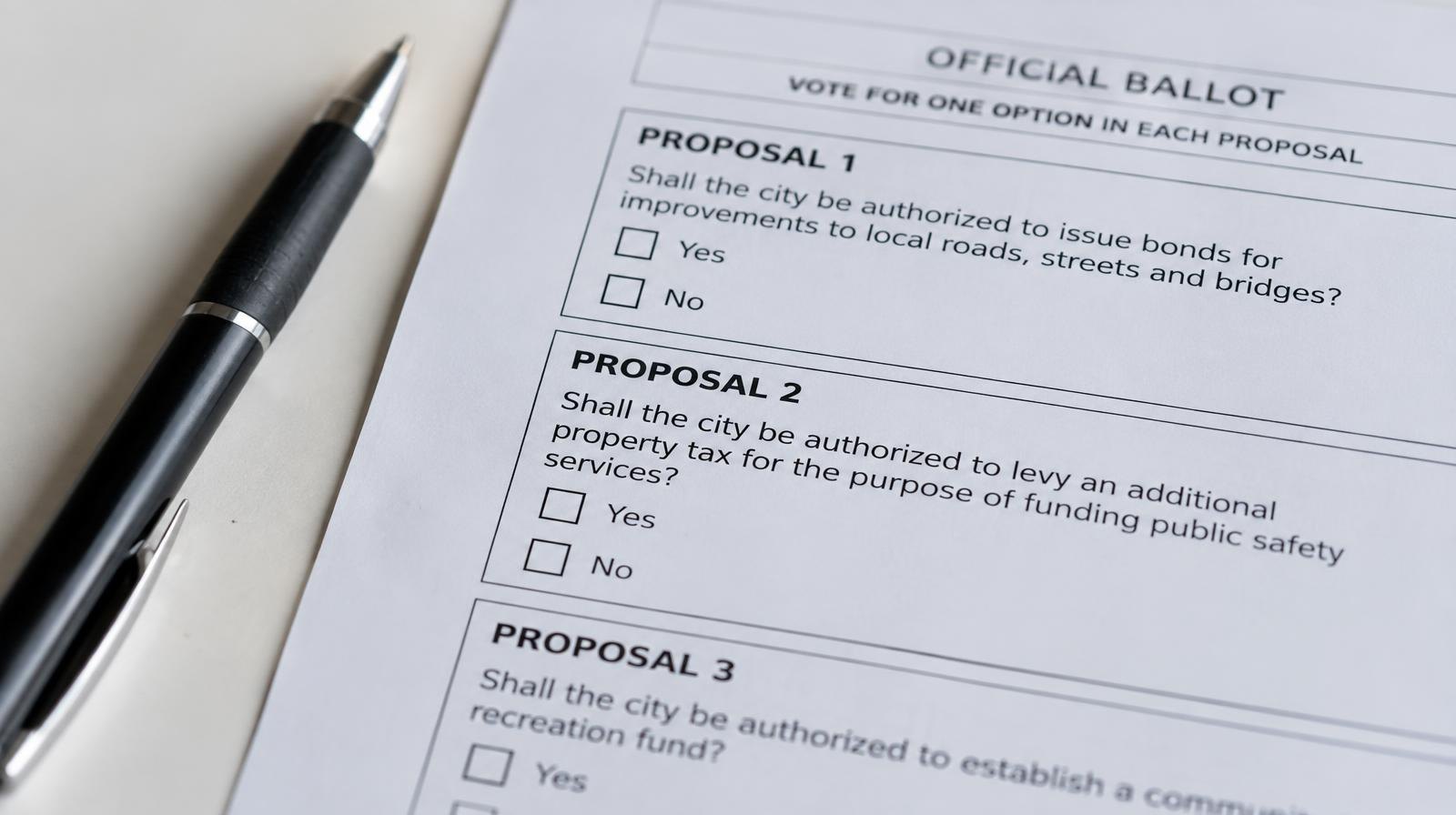 A printed ballot with multiple questions and a pen resting beside it.