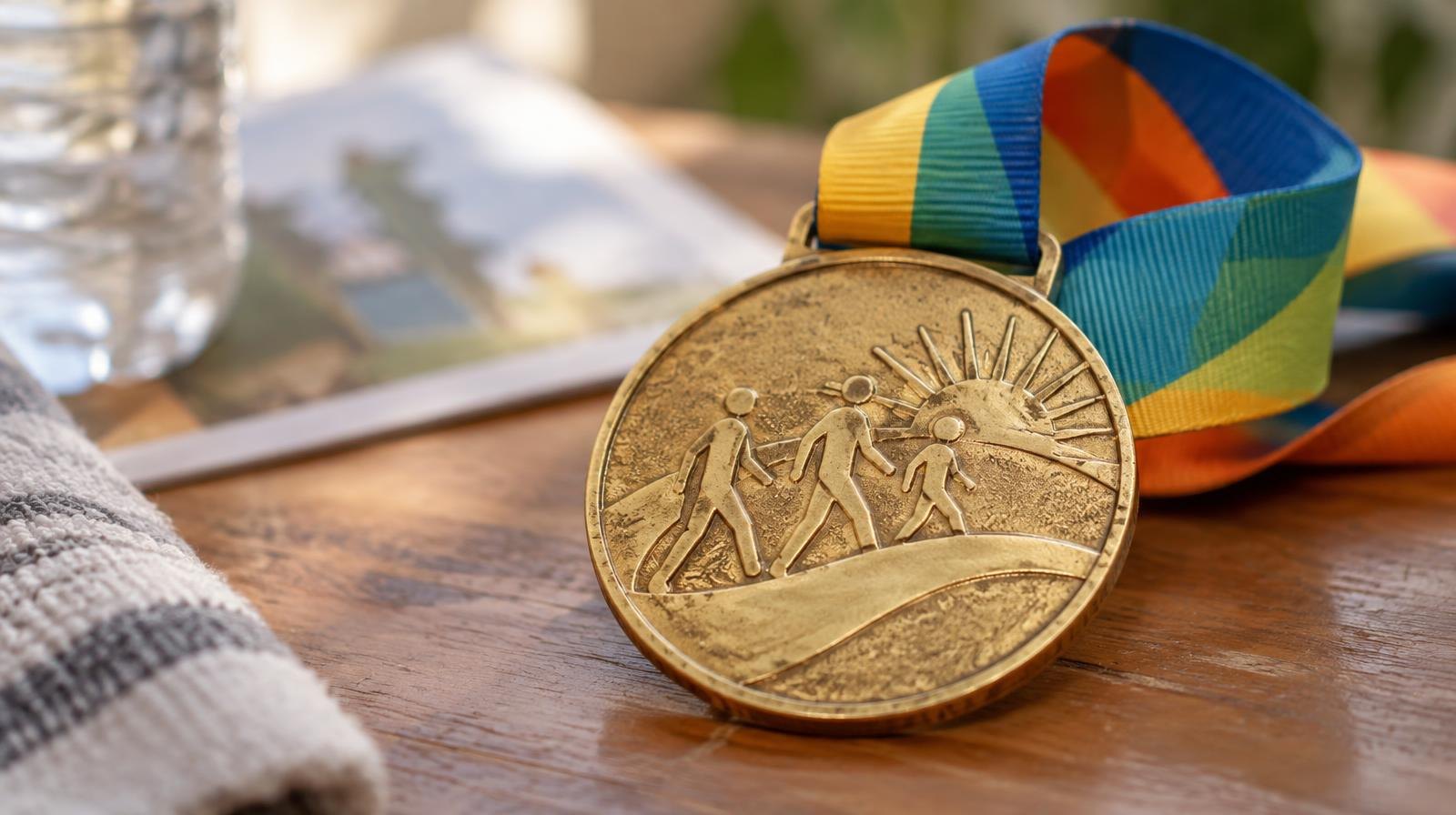 A gold medal on a colorful ribbon resting on a wooden surface.