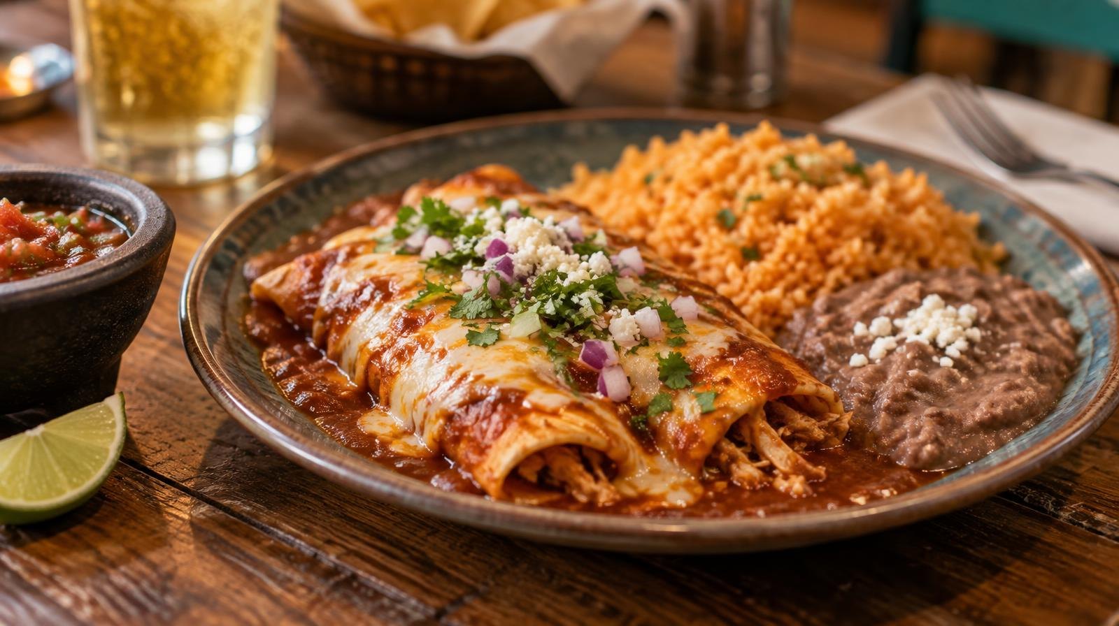Plate of enchiladas, rice, and refried beans on a wooden table with salsa.