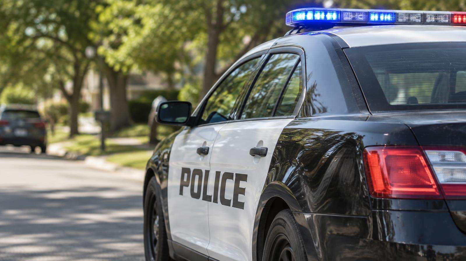 A police patrol car parked along a tree-lined suburban street.
