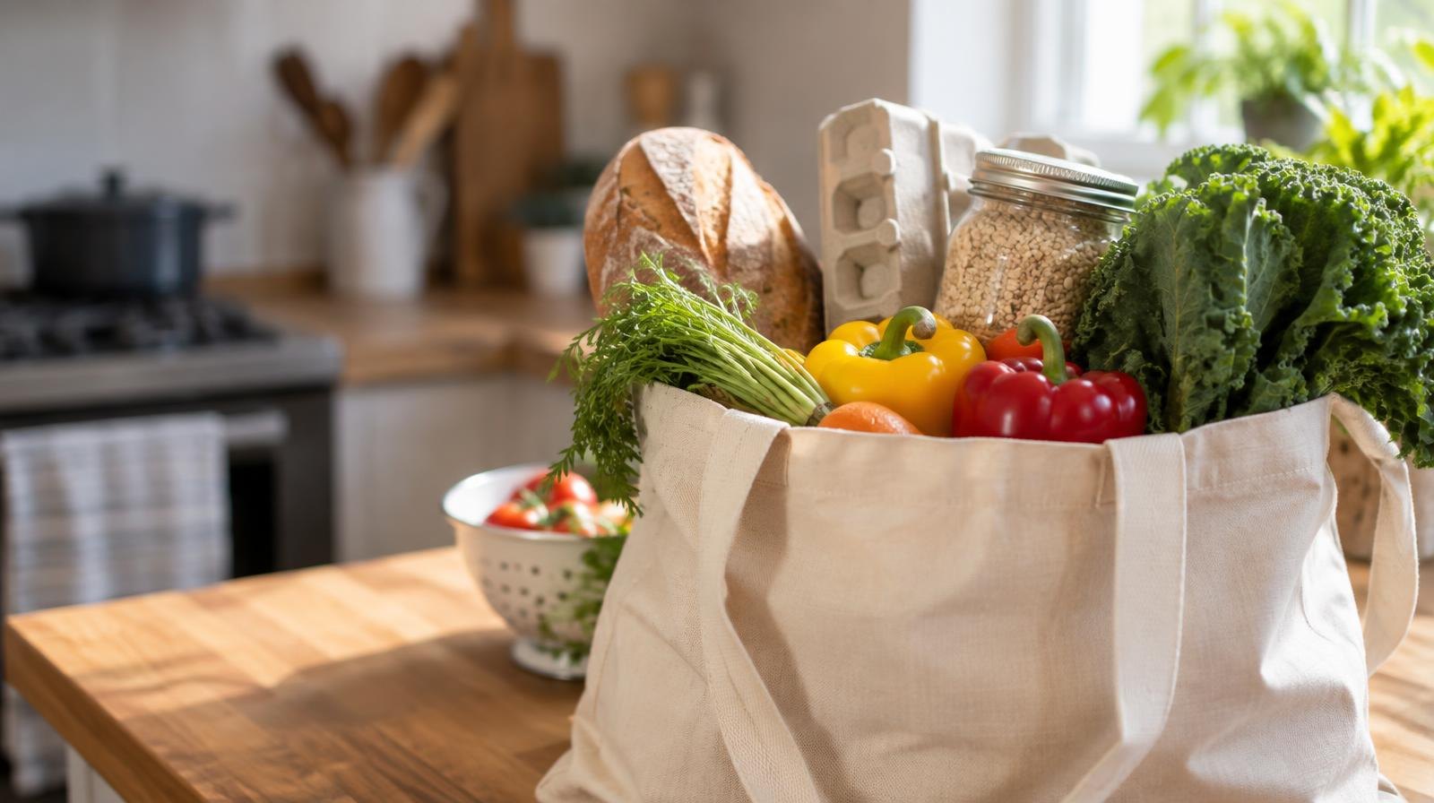 A reusable bag filled with fresh vegetables and pantry staples on a kitchen counter.