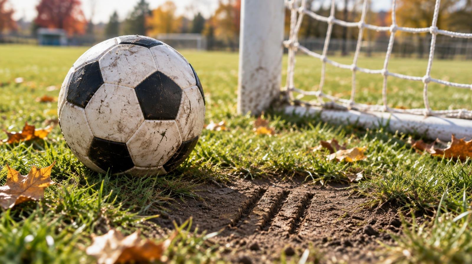 Black-and-white soccer ball resting on green grass near a goal net.