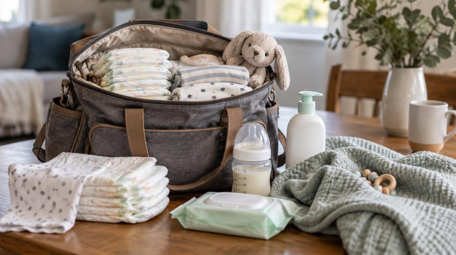 Open diaper bag surrounded by folded diapers, a bottle, baby wash, and a soft blanket.