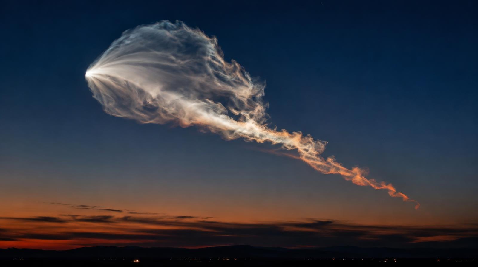 A glowing jellyfish-shaped cloud of light drifts against a deep blue pre-dawn sky.