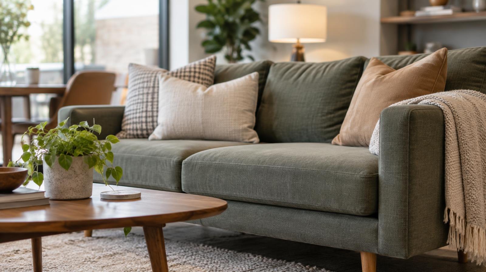 A modern sofa and wooden coffee table in a bright, minimalist room display.