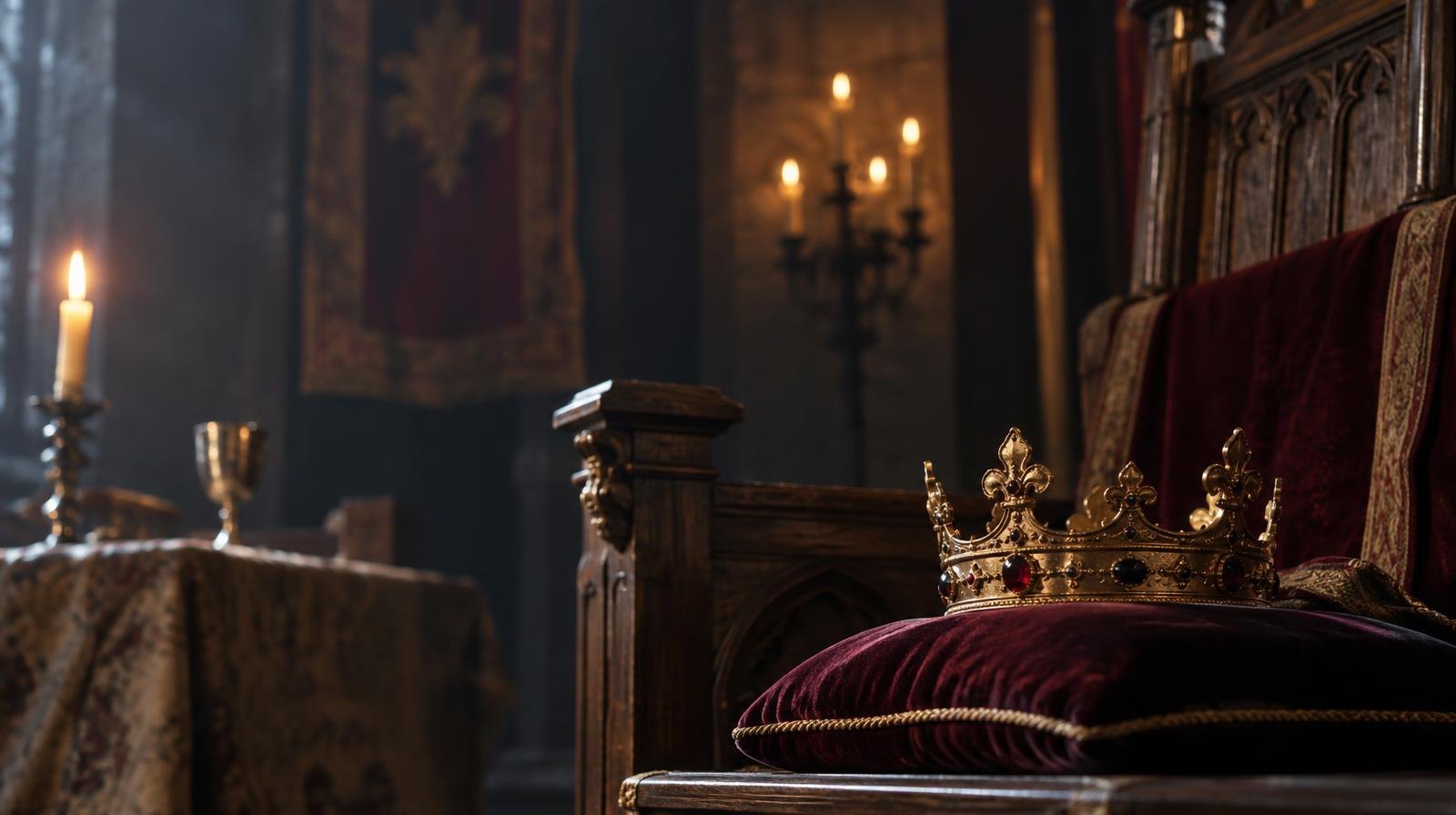 A dramatic stage set with a wooden throne and a crown on a dark velvet cushion.