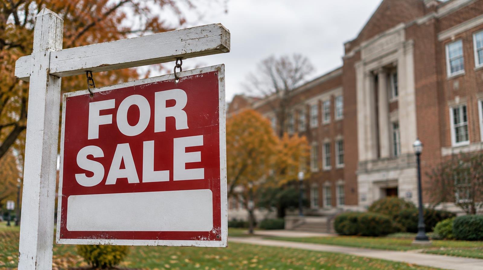 A brick institutional building with a for-sale sign on a tree-lined campus.