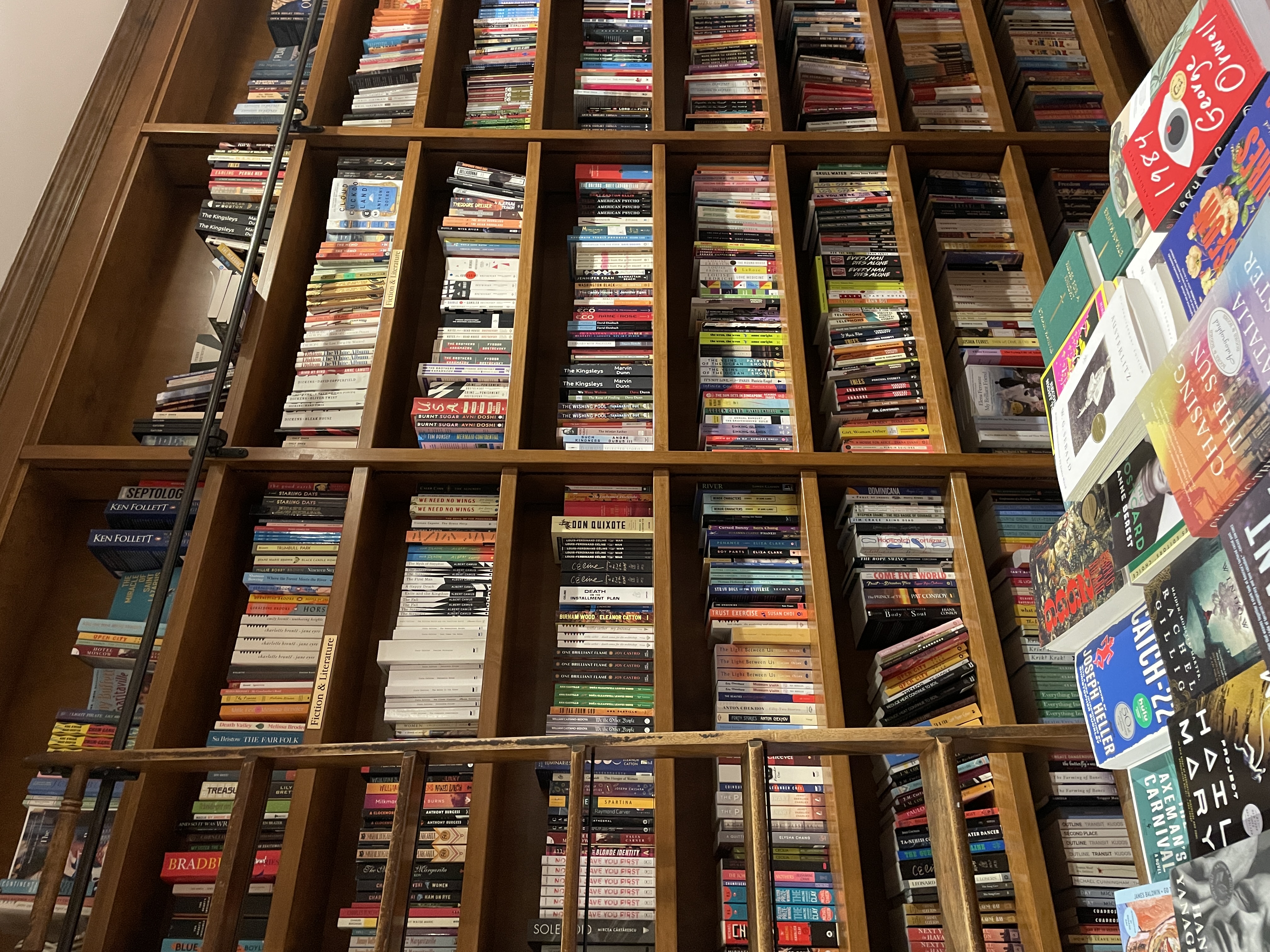 Interior of a bookstore with tall wooden shelves and a rolling library ladder.