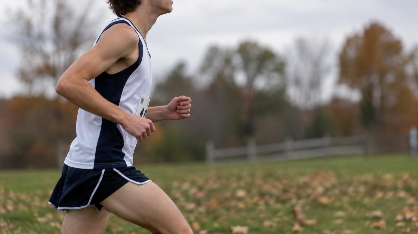 A runner in motion on a grass cross country course with fallen autumn leaves.