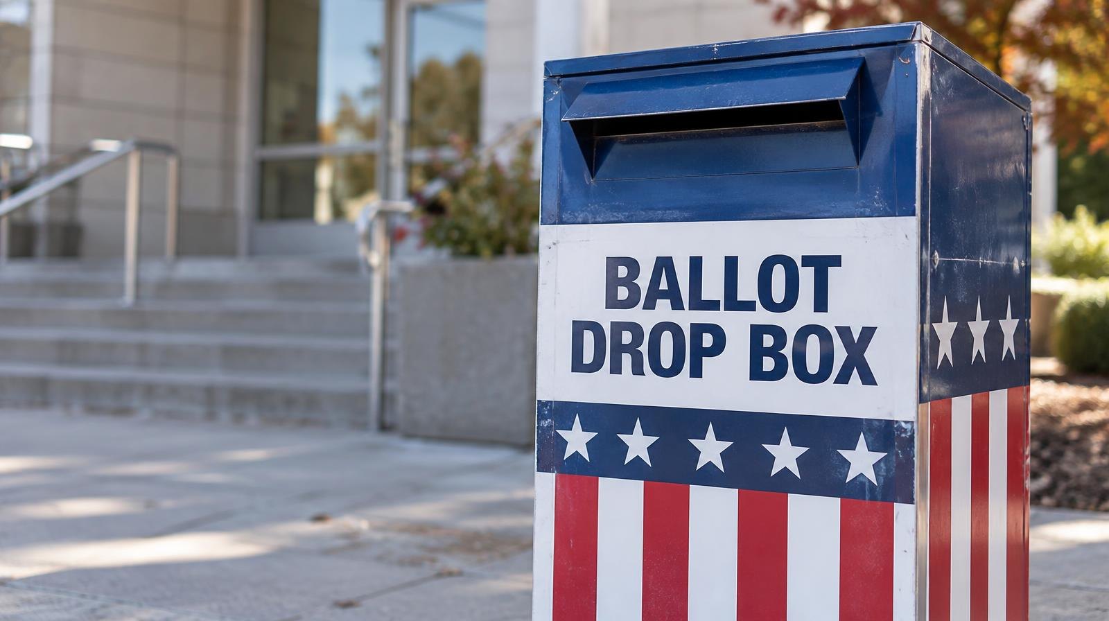 A red, white, and blue ballot drop box on a sidewalk in front of a building.