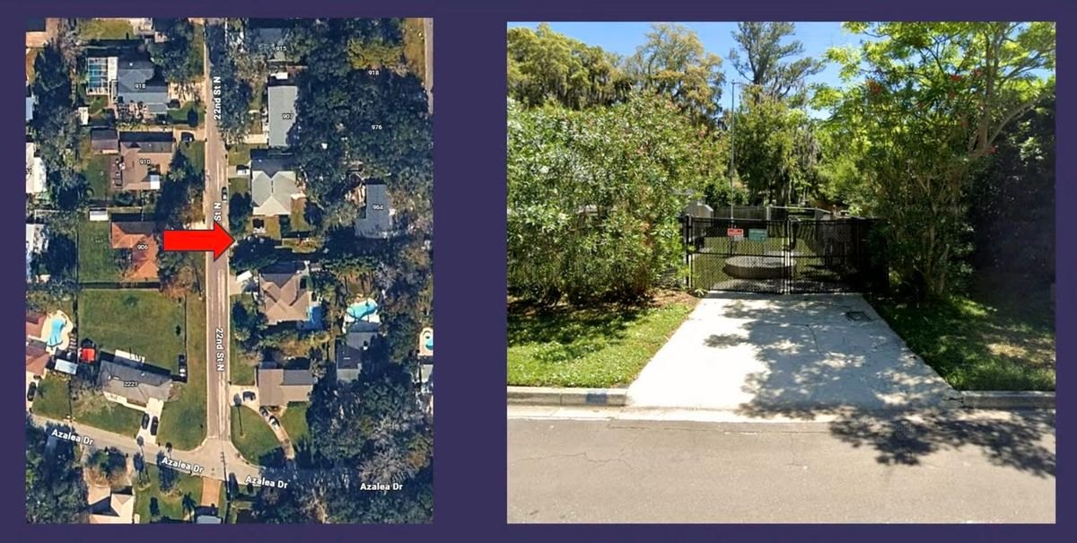 Aerial map view and street-level photo of a gated driveway entrance at a residential site.