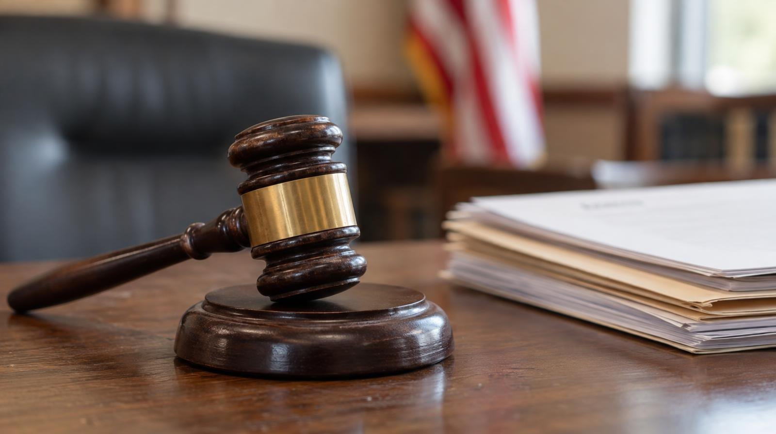 A wooden gavel resting on its sound block beside stacked papers on a desk.