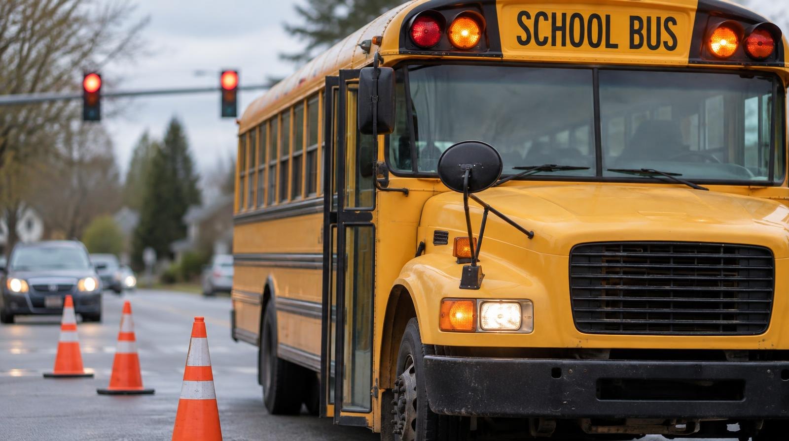 Yellow school bus stopped at an intersection with orange traffic cones around it.