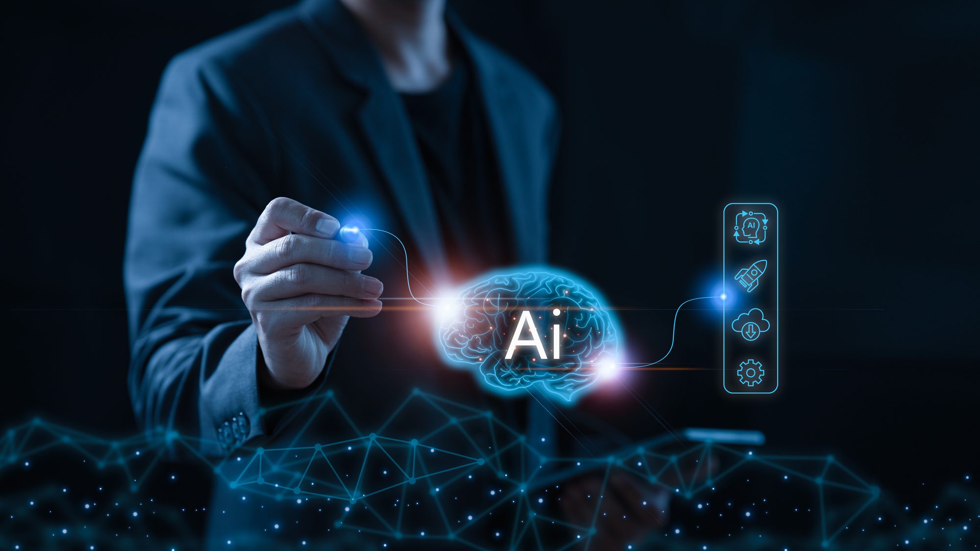 Business person and Brain Artificial Intelligence technology, Man use technology AI concept, Internet Thinking and Data