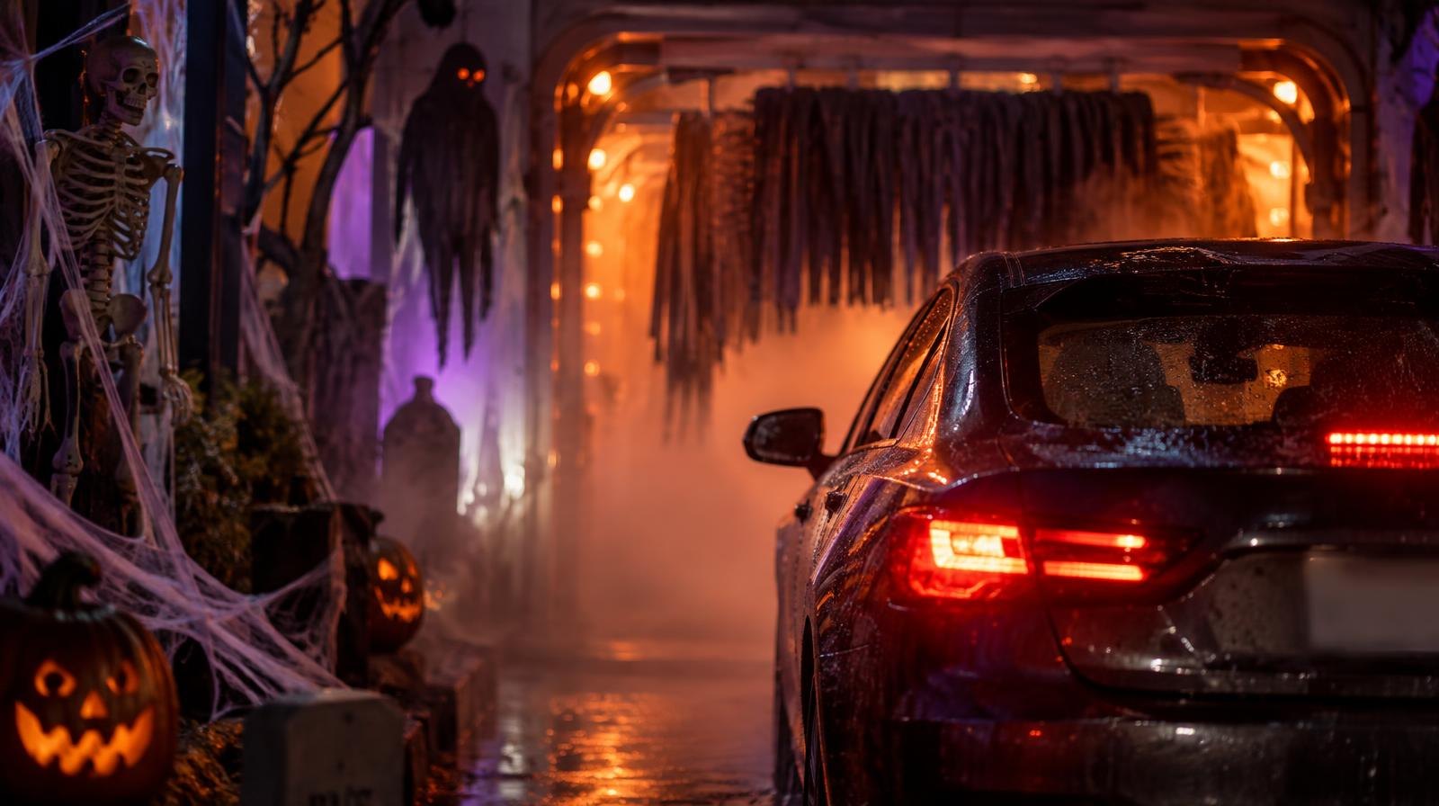 A car drives into a dark car wash tunnel with Halloween decorations and colored lights.
