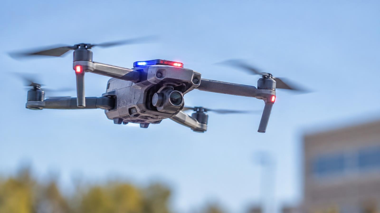 Small quadcopter drone hovering in a clear blue sky with emergency lights visible.