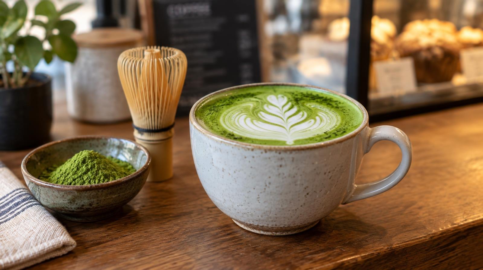 A green matcha latte in a ceramic cup beside a bamboo whisk on a wooden counter.