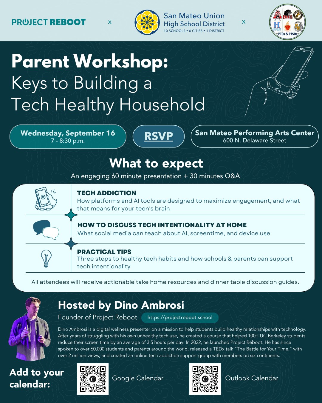 Promotional flyer for a parent workshop on building a tech-healthy household.