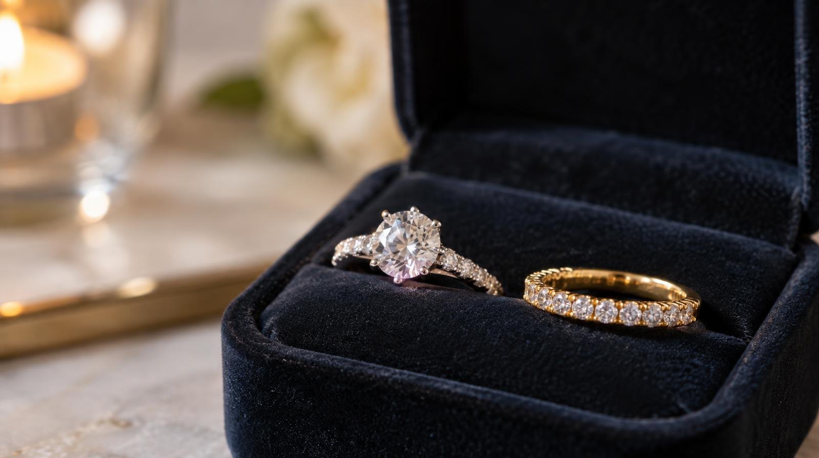 A diamond engagement ring and gold eternity band resting on a dark velvet cushion.