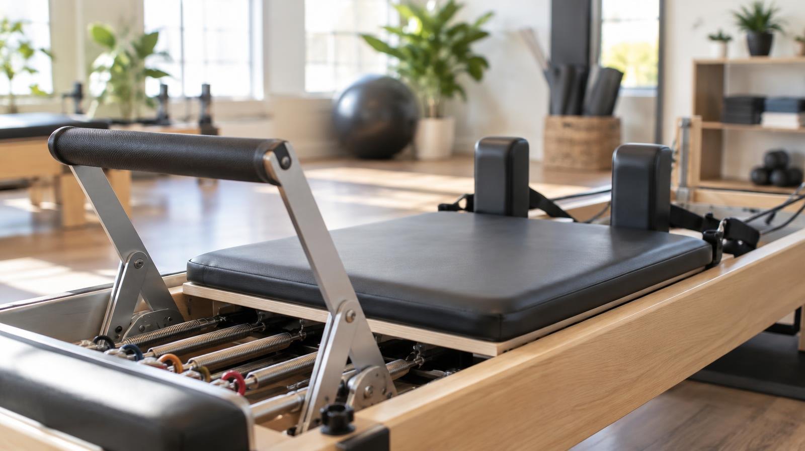 A Pilates reformer machine with padded carriage and resistance springs in a bright studio.