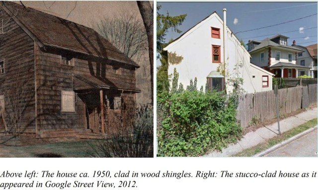 Side-by-side photos of a small two-story house, wood-shingled at left and stucco-clad at right.